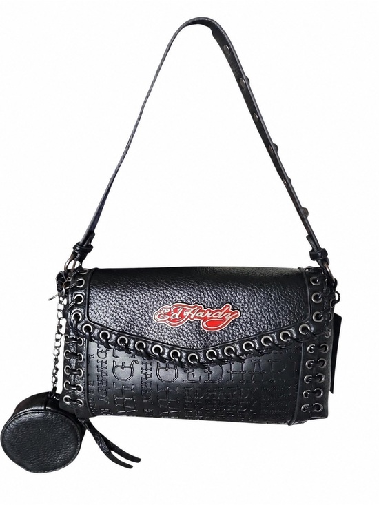 Ed Hardy Handbags - ED HARDY black vegan leather shoulder bag with red logo and studded details. NWT